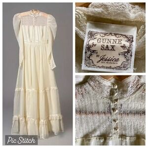 VTG GunneSax Jessica Full Length Prairie Bridal Gown LS Pearl Lace Sz9 Ivory EUC